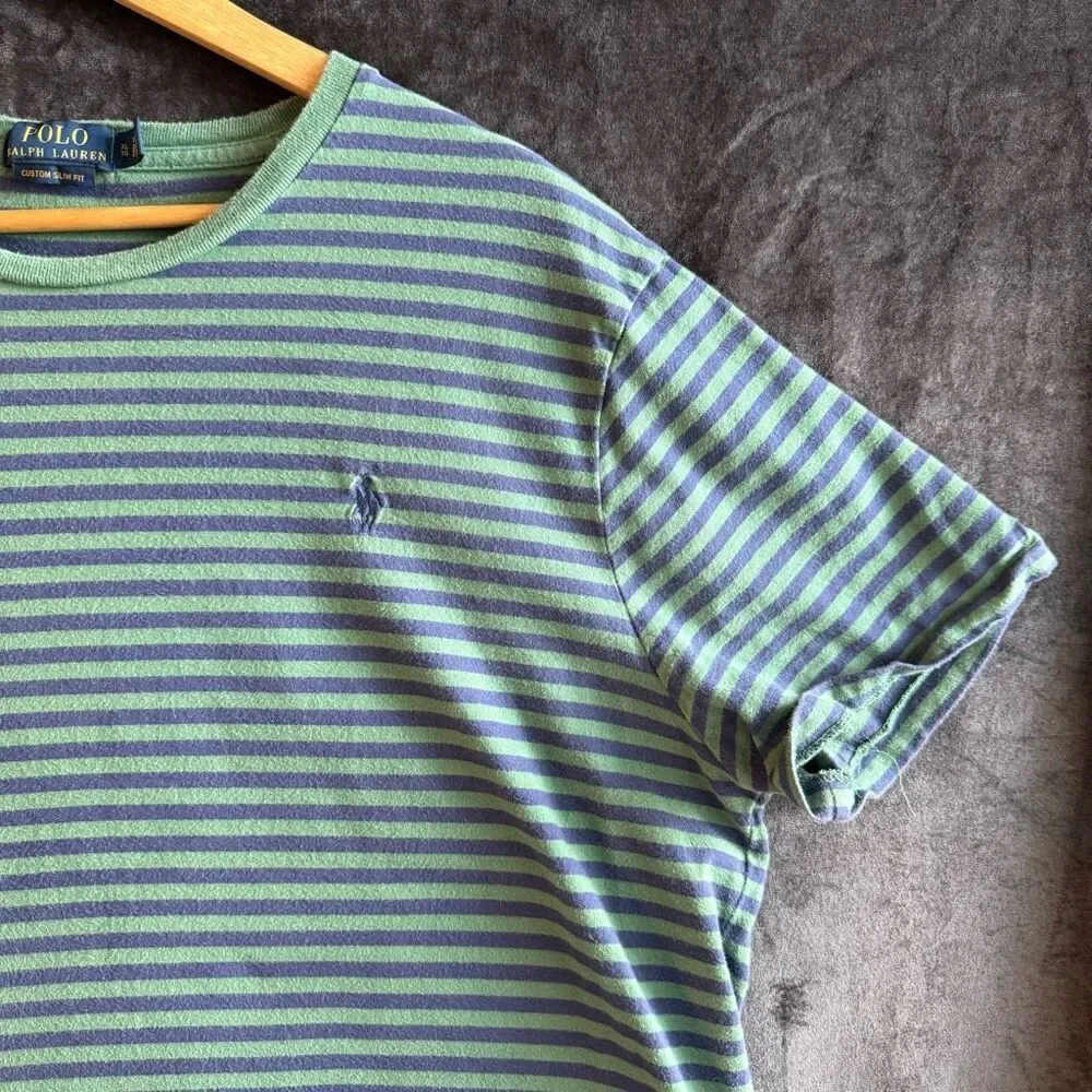 Polo Ralph Lauren Striped Tee Green Navy‎ Custom Slim Fit Mens XL Grunge Nirvana
